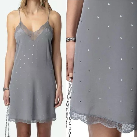 Zadig & Voltaire Ristyz Grey Iron CDC Silver Strass Dress - L - Picture 3 of 4